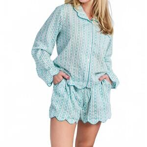 NEW BROOKS AVENUE scalloped pajama set shorts & long top in blue moss